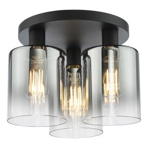 Savannah 3 Light E27 Matt Black Flush Ceiling Light With Smoked Glass Shades