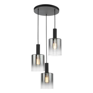 Savannah 3 Light E27 Matt Black Adjustable Round Plate Pendant With Smoked Glass Shades