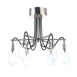 Scroll 6 Light G4 Polished Nickel Frame With Black Braided Cable Semi Flush Fitting With Vintage Style Light Bulb Glass Shades