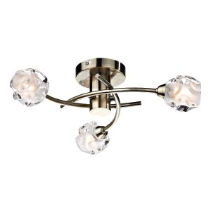 Seattle 3 Light G9 Antique Brass Semi Flush Ceiling Light With Clear Sculptured Glass Shade With Frosted Inner Detail