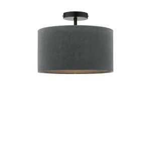 Riva 1 Light E27 Black Semi Flush Ceiling Fixture C/W Grey Velvet Drum Shade With Self Coloured Cotton Lining