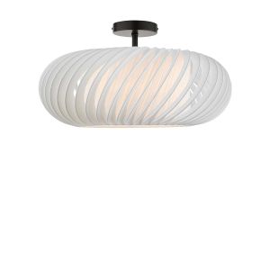 Riva 1 Light E27 Black Semi Flush Ceiling Fixture C/W White 50cm Shade With A Curve & Slanting Design