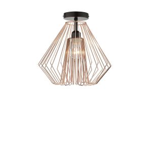 Riva 1 Light E27 Black Semi Flush Ceiling Fixture C/W Copper Geometric Wirework Shade