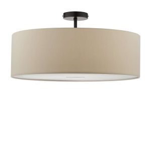 Riva 1 Light E27 Black Semi Flush Ceiling Fixture C/W Taupe Faux Silk 60cm Drum Shade With Soft White Acrylic Diffuser