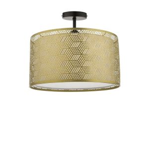 Riva 1 Light E27 Black Semi Flush Ceiling Fixture C/W Gold Finish Metal Drum Shade With Intricate Geometric Piercings