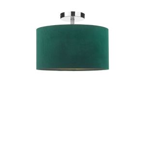 Riva 1 Light E27 Chrome Semi Flush Ceiling Fixture C/W Green Velvet Drum Shade With Self Coloured Cotton Lining