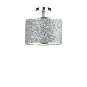 Riva 1 Light E27 Chrome Semi Flush Ceiling Fixture C/W Silver Flitter Finish Shade Shade With A Silver Inner