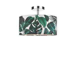 Riva 1 Light E27 Chrome Semi Flush Ceiling Fixture C/W Green Palm Print Drum Shade On A White Background Complete With A White Cotton Diffuser