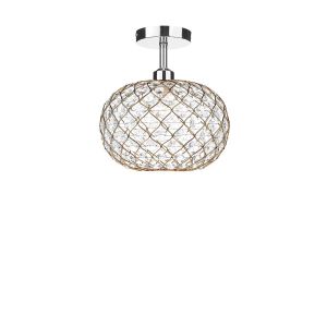 Riva 1 Light E27 Chrome Semi Flush Ceiling Fixture C/W Gold Finish Frame Shade With Faceted Acrylic Heptagonal Beads
