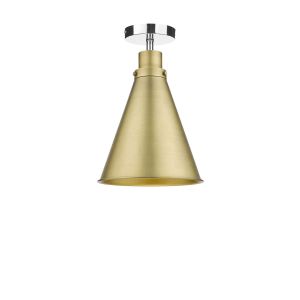 Riva 1 Light E27 Chrome Semi Flush Ceiling Fixture C/W Aged Brass Metal Cone Shaped Shade