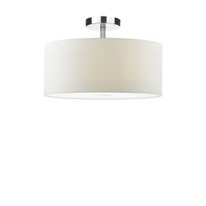 Riva 1 Light E27 Chrome Semi Flush Ceiling Fixture C/W Taupe Faux Silk 40cm Drum Shade With Soft White Acrylic Diffuser