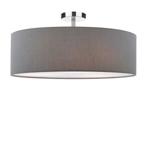 Riva 1 Light E27 Chrome Semi Flush Ceiling Fixture C/W Slate Grey Faux Silk 60cm Drum Shade With Soft White Acrylic Diffuser