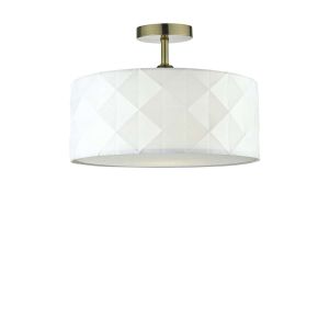 Riva 1 Light E27 Antique Brass Semi Flush Ceiling Fixture C/W White Cotton Drum Shade With Diamond Pattern Design & Complete With A Removable Diffuser