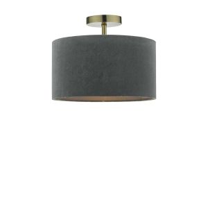 Riva 1 Light E27 Antique Brass Semi Flush Ceiling Fixture C/W Grey Velvet Drum Shade With Self Coloured Cotton Lining