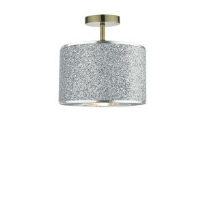 Riva 1 Light E27 Antique Brass Semi Flush Ceiling Fixture C/W Silver Flitter Finish Shade Shade With A Silver Inner