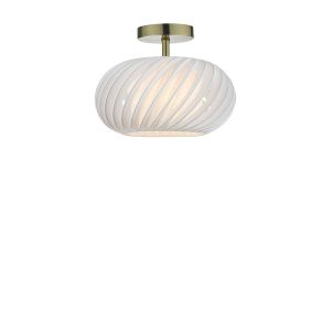 Riva 1 Light E27 Antique Brass Semi Flush Ceiling Fixture C/W White 30cm Shade With A Curve & Slanting Design