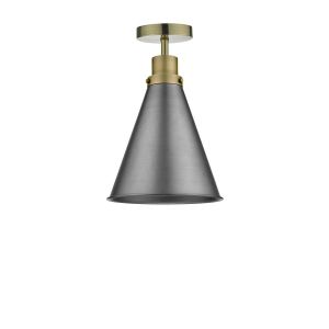Riva 1 Light E27 Antique Brass Semi Flush Ceiling Fixture C/W Aged Brass With Antique Chrome Metal Cone Shaped Shade