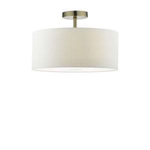 Riva 1 Light E27 Antique Brass Semi Flush Ceiling Fixture C/W White Smooth Faux Silk 40cm Drum Shade With Soft White Acrylic Diffuser