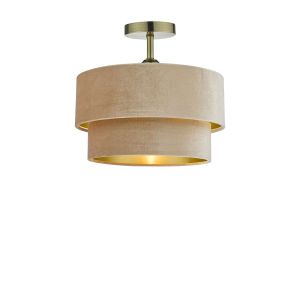 Riva 1 Light E27 Antique Brass Semi Flush Ceiling Fixture C/W Taupe Velvet Shade With A Gold Metallic Lining