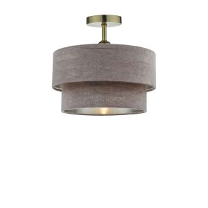 Riva 1 Light E27 Antique Brass Semi Flush Ceiling Fixture C/W Mink Velvet Shade With A Silver Metallic Lining
