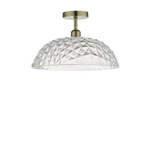 Riva 1 Light E27 Antique Brass Semi Flush Ceiling Fixture C/W 41cm Acrylic Shade With A Crystal Like Appearance