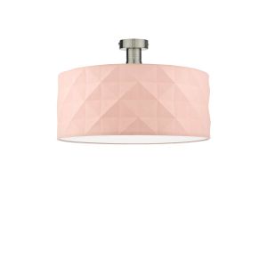 Edie 1 Light E27 Antique Chrome Semi Flush C/W Pink Cotton Drum Shade With Diamond Pattern Design & Complete With A Removable Diffuser