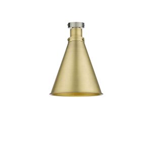 Edie 1 Light E27 Antique Chrome Semi Flush C/W Aged Brass Metal Cone Shaped Shade