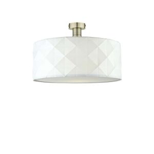 Edie 1 Light E27 Antique Brass Semi Flush C/W White Cotton Drum Shade With Diamond Pattern Design & Complete With A Removable Diffuser