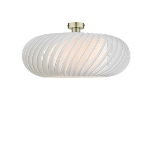 Edie 1 Light E27 Antique Brass Semi Flush C/W White 50cm Shade With A Curve & Slanting Design