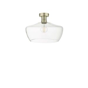 Edie 1 Light E27 Antique Brass Semi Flush C/W Clear Hand Blown Glass Shade