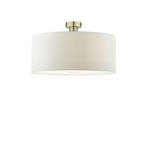 Edie 1 Light E27 Antique Brass Semi Flush C/W White Smooth Faux Silk 40cm Drum Shade With Soft White Acrylic Diffuser