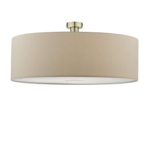 Edie 1 Light E27 Antique Brass Semi Flush C/W Taupe Faux Silk 60cm Drum Shade With Soft White Acrylic Diffuser