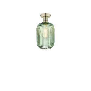 Edie 1 Light E27 Antique Brass Semi Flush C/W Green Ribbed Glass Shade