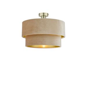 Edie 1 Light E27 Antique Brass Semi Flush C/W Taupe Velvet Shade With A Gold Metallic Lining