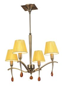 Siena 55cm Pendant Round 4 Light E14, Antique Brass With Amber Cream Shades And Amber Crystal
