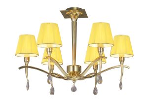 Siena Semi Flush Round 6 Light E14, Polished Brass With Amber Ccrain Shades And Clear Crystal