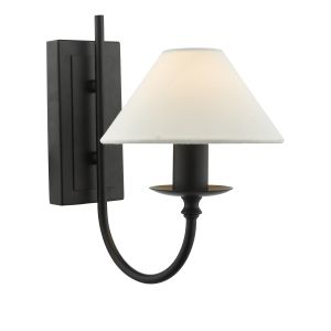 Sivan 1 Light E14 Matt Black Traditional Style Wall Light With Pull Switch Cord C/W White Linen Coolie Shade