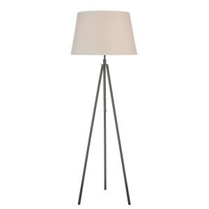 Skate 1 Light E27 Matt Black Adjustable Tripod Floor Lamp With Foot Switch C/W Puscan Ccrain Cotton Tapered 45cm Drum Shade