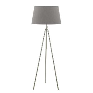 Ska 1 Light E27 Polished Chrome Adjustable Tripod Floor Lamp With Foot Switch C/W Cezanne Grey Faux Silk Tapered 45cm Drum Shade