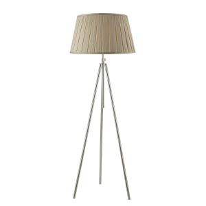 Ska 1 Light E27 Polished Chrome Adjustable Tripod Floor Lamp With Foot Switch C/W Degas Taupe Faux Silk Tapered 45cm Drum Shade