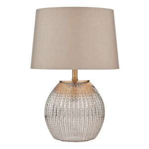 Socorston 2 Light E27 Antique Silver Glass Table Lamp With Inline Switch C/W Taupe Faux Satin tapered Drum Shade