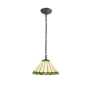 Sonoma 1 Light Downlighter Pendant E27 With 30cm Tiffany Shade, Green/Ccrain/Crystal/Aged Antique Brass