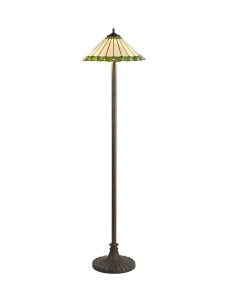 Sonoma 2 Light Stepped Design Floor Lamp E27 With 40cm Tiffany Shade, Green/Ccrain/Crystal/Aged Antique Brass