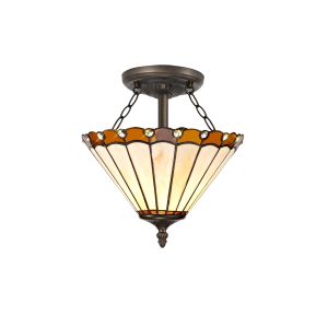 Sonoma 2 Light Semi Flush E27 With 30cm Tiffany Shade, Amber/Ccrain/Crystal/Aged Antique Brass