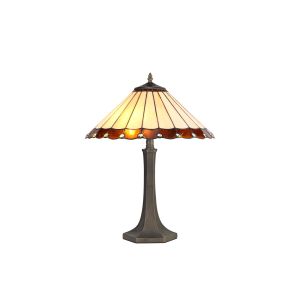 Sonoma 2 Light Octagonal Table Lamp E27 With 40cm Tiffany Shade, Amber/Ccrain/Crystal/Aged Antique Brass