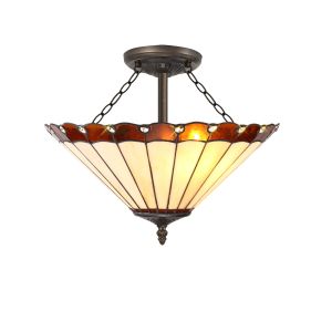 Sonoma 3 Light Semi Flush E27 With 40cm Tiffany Shade, Amber/Ccrain/Crystal/Aged Antique Brass