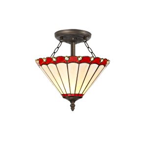 Sonoma 2 Light Semi Flush E27 With 30cm Tiffany Shade, Red/Ccrain/Crystal/Aged Antique Brass