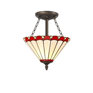 Sonoma 3 Light Semi Flush E27 With 30cm Tiffany Shade, Red/Ccrain/Crystal/Aged Antique Brass