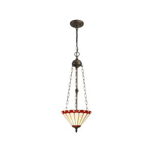 Sonoma 3 Light Uplighter Pendant E27 With 30cm Tiffany Shade, Red/Ccrain/Crystal/Aged Antique Brass