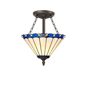 Sonoma 3 Light Semi Flush E27 With 30cm Tiffany Shade, Blue/Ccrain/Crystal/Aged Antique Brass